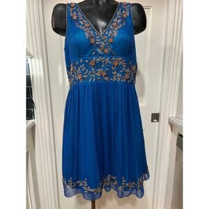 Cassandra Stone II Silk v-neck/back cocktail dress blue/green beaded lined sz 14